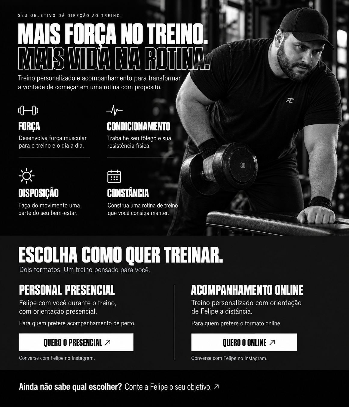 Felipe em um treino de força com halter, em fotografia preto e branco.